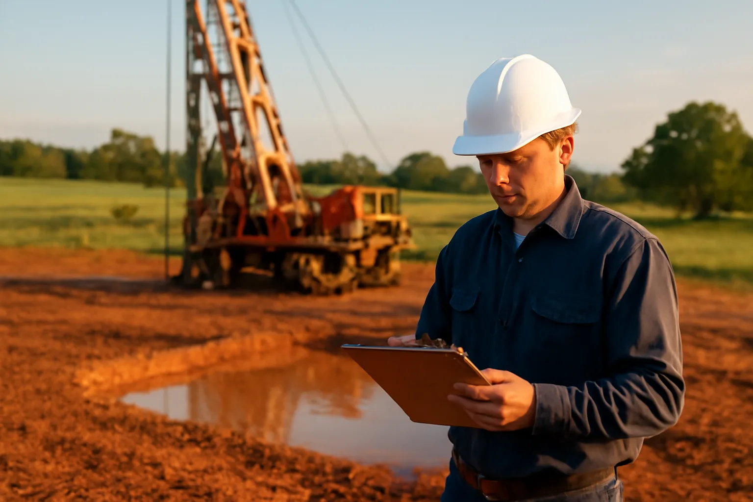 Water well drilling rig in Alabama pasture with driller reviewing paperwork.