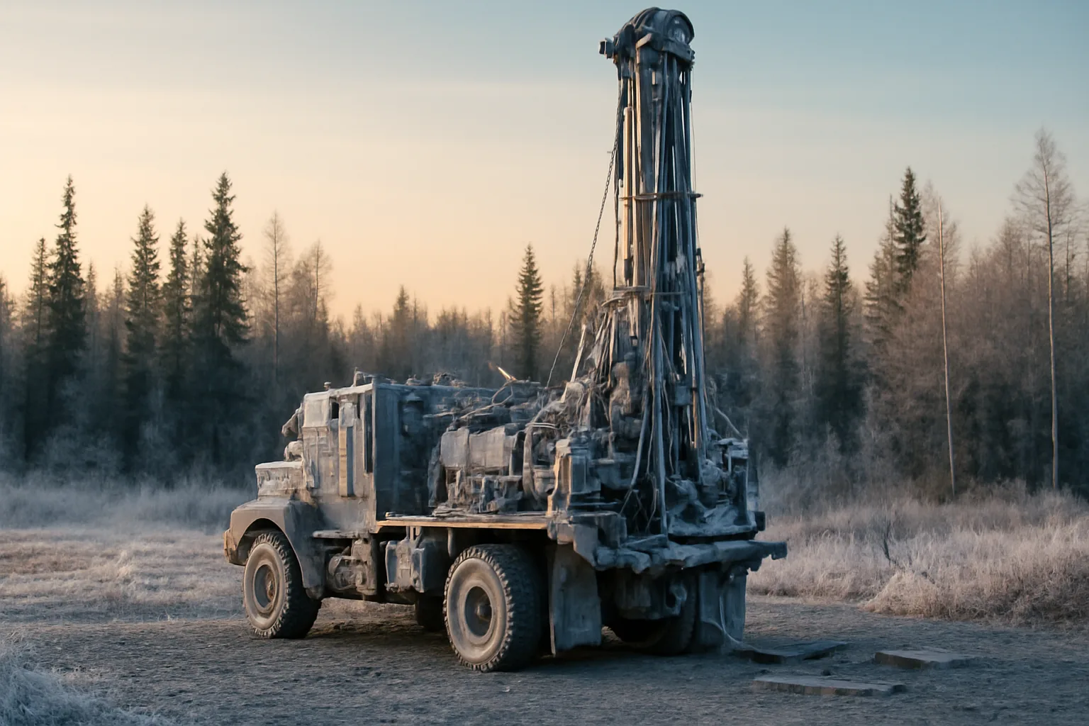 Water well drilling rig on a gravel pad in interior Alaska boreal forest
