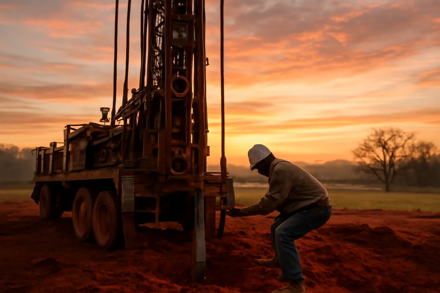 Alabama water well driller working at a drilling rig, rural morning scene.