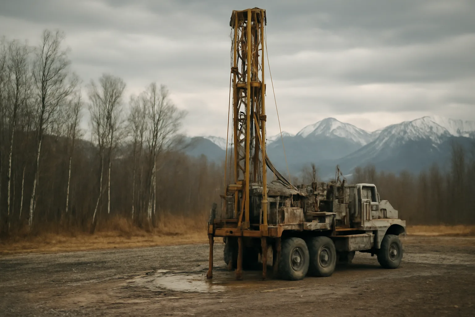 Water well drilling rig on muddy Alaska gravel pad near mountains