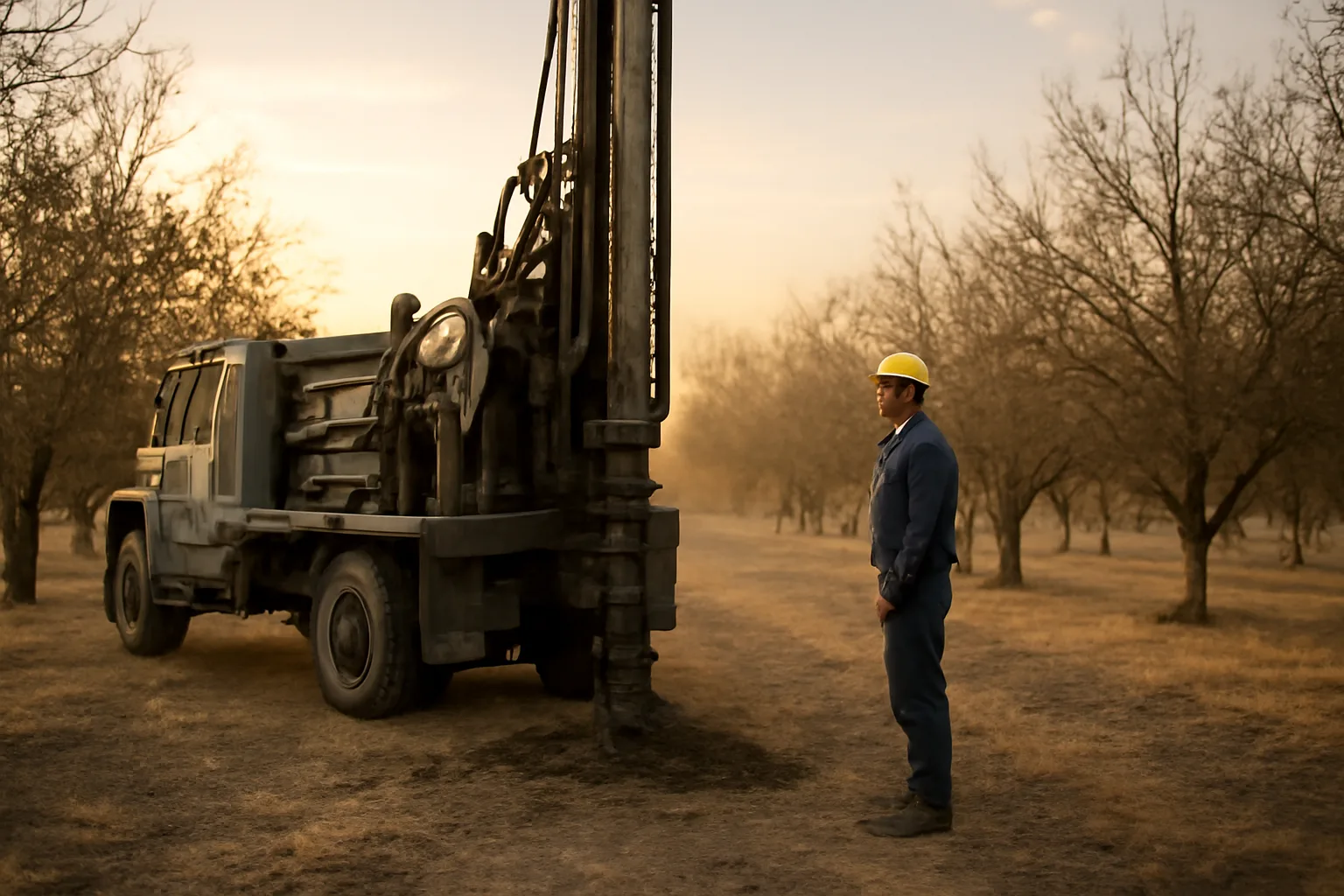 California well driller at a rotary rig in an orchard