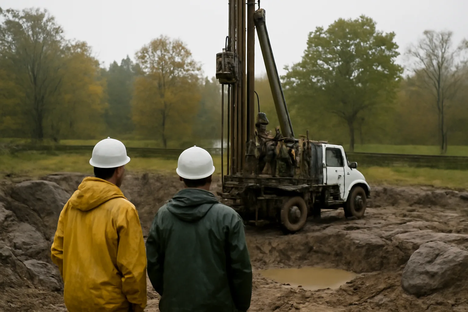 Connecticut well driller crew at a foggy bedrock well site