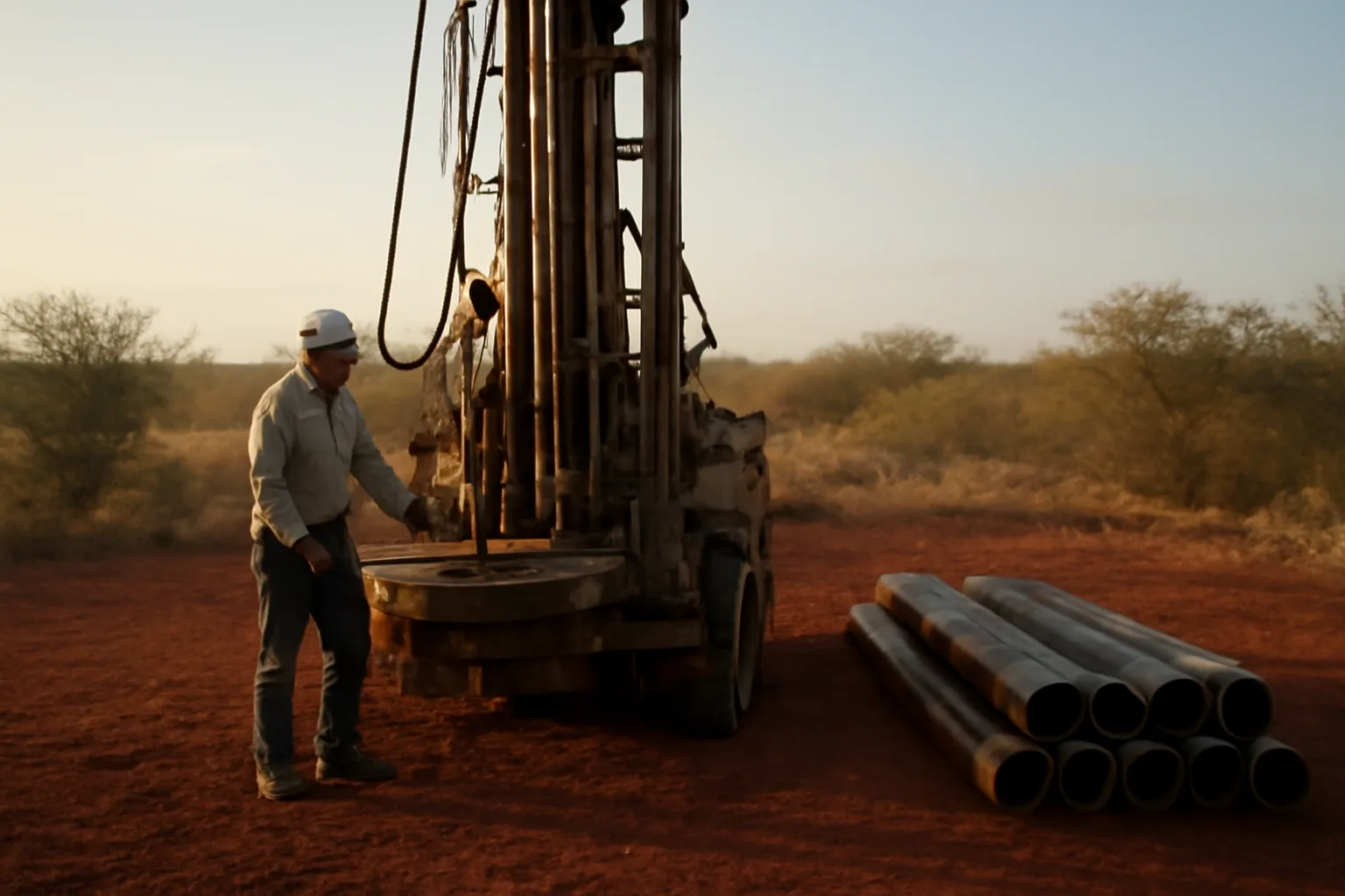 Water well drill mast on a rural Hawaii well pad at sunrise