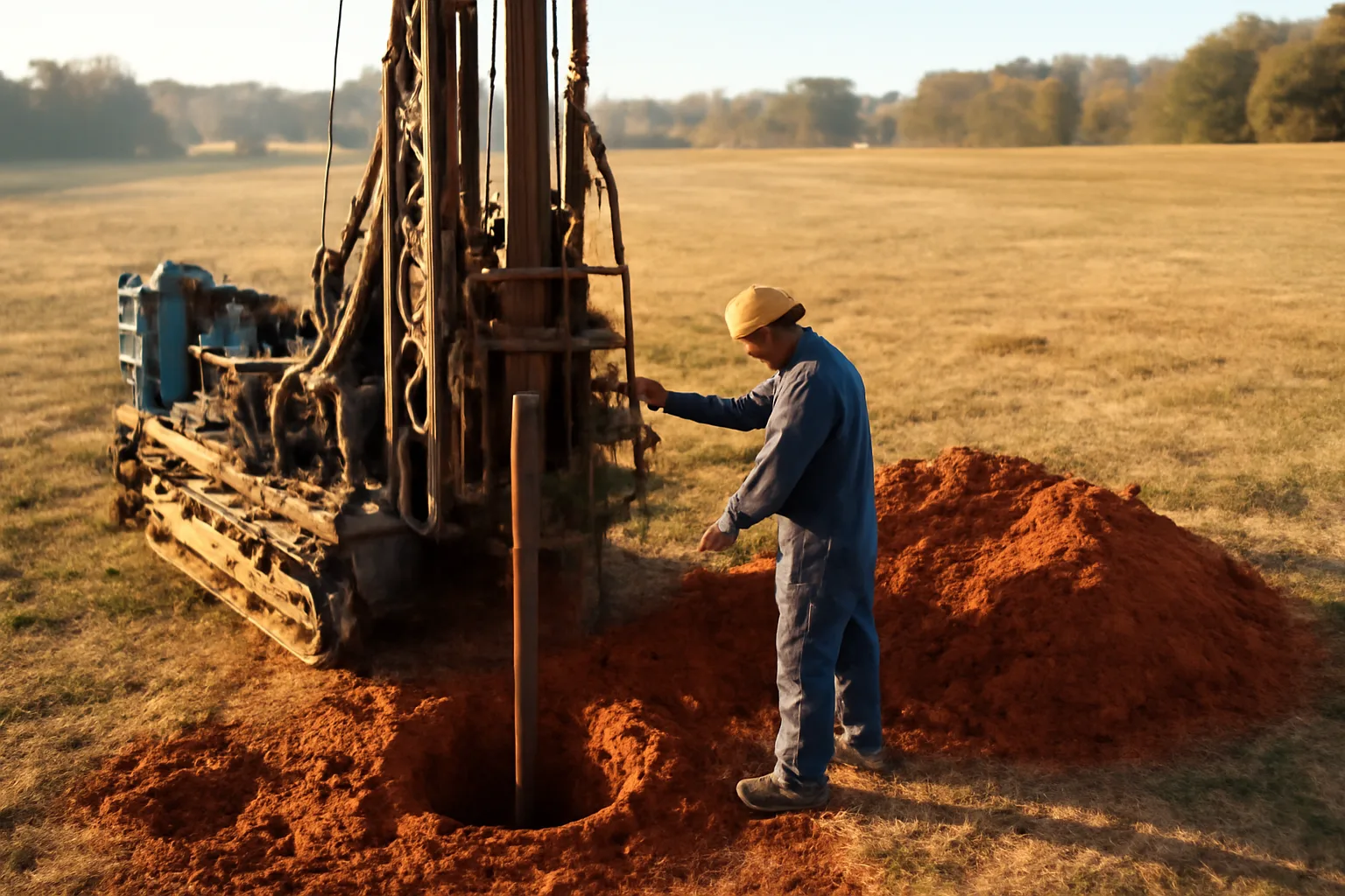 Water well drilling rig operating in Alabama with red clay soil and drill pipe visible