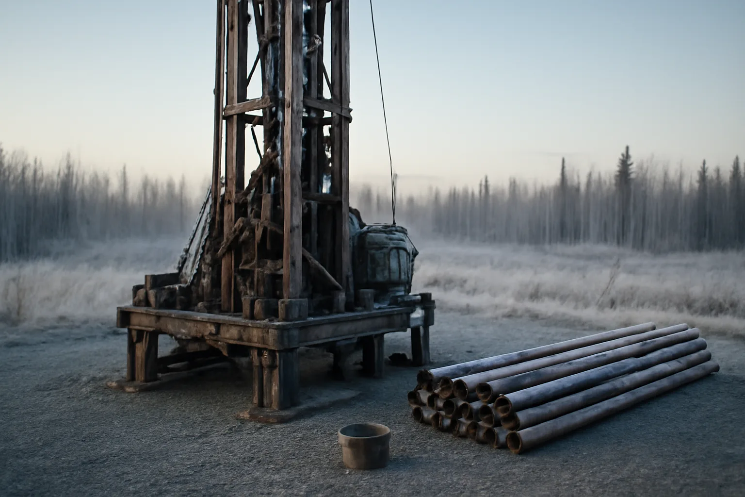 Steel water well drilling rig on gravel pad in Alaska morning light.