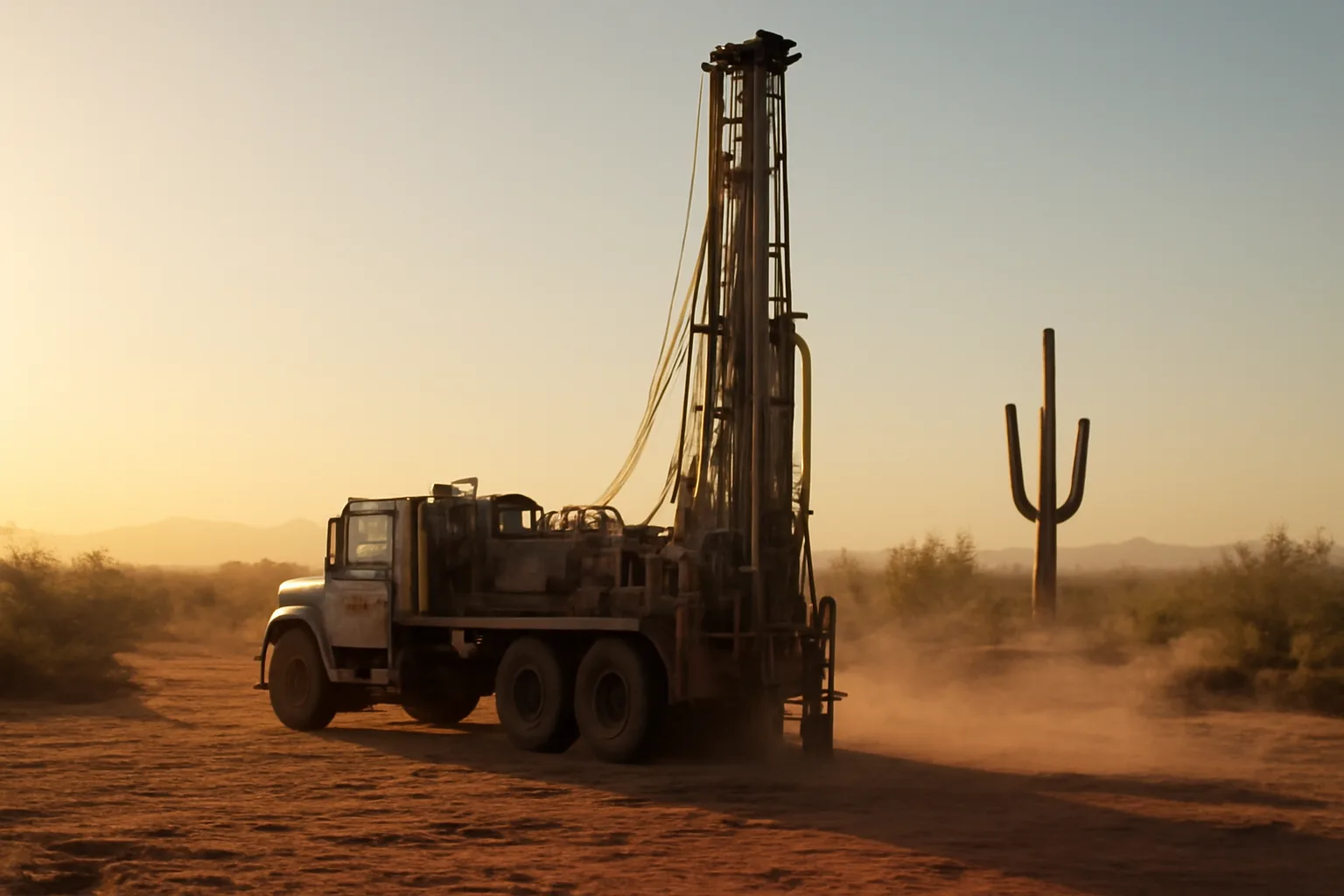 Water well drilling rig on Arizona desert land with saguaro in background