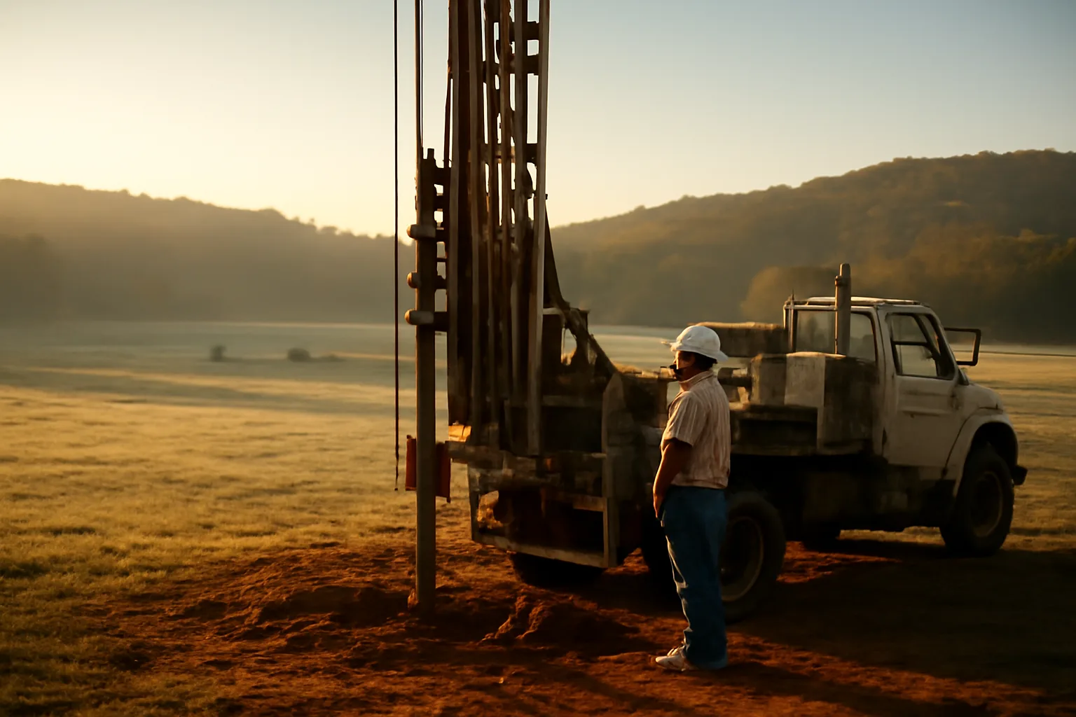 Well driller rig set up on red Arkansas pasture clay