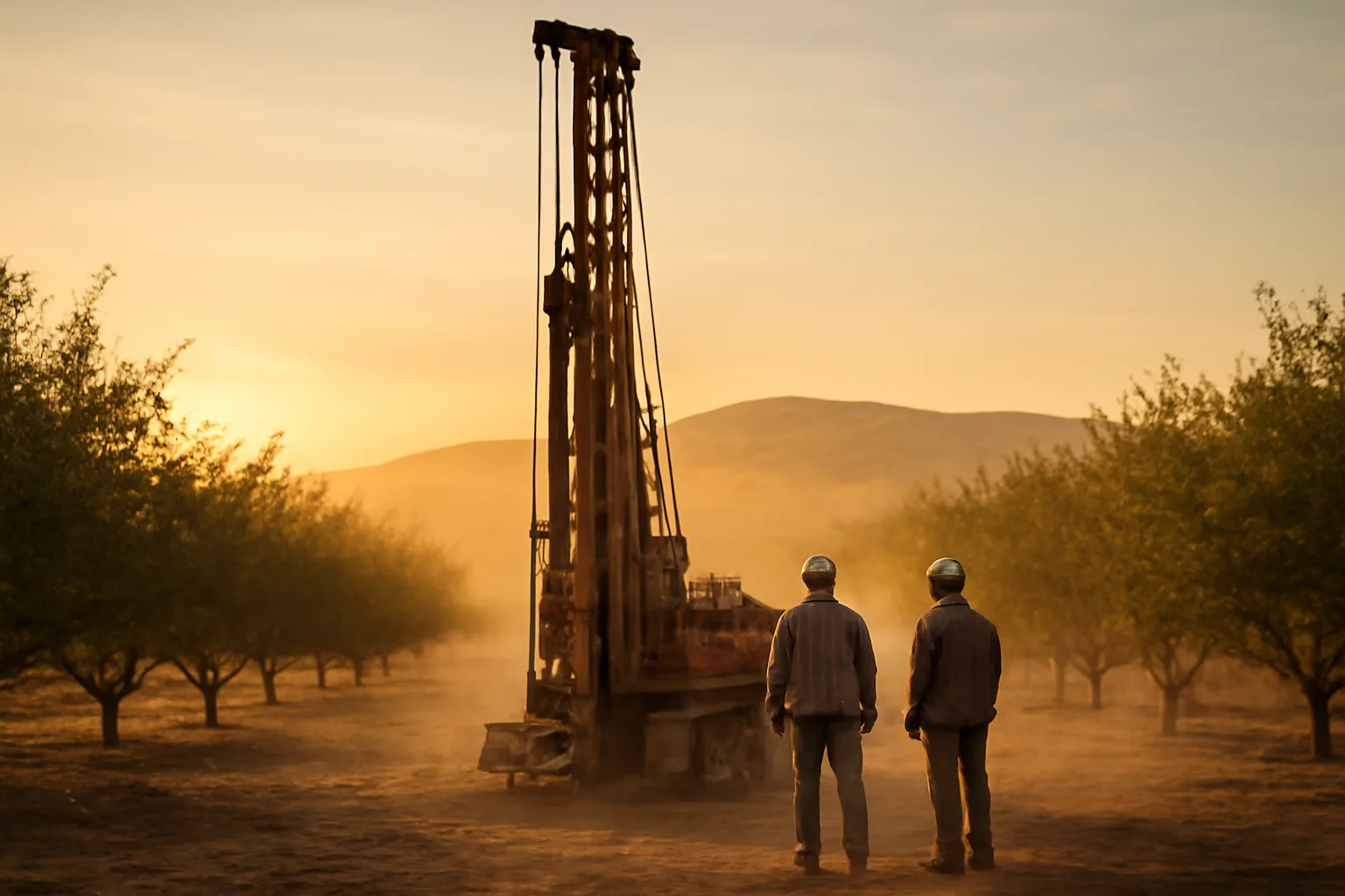 Rotary water well drill rig in a California orchard at sunrise