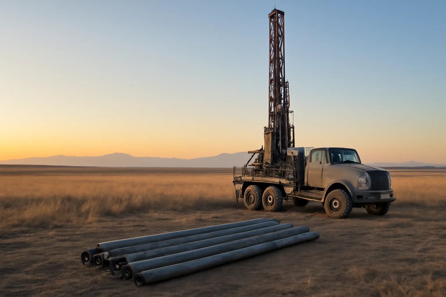 Well driller rig on Colorado eastern plains at sunrise