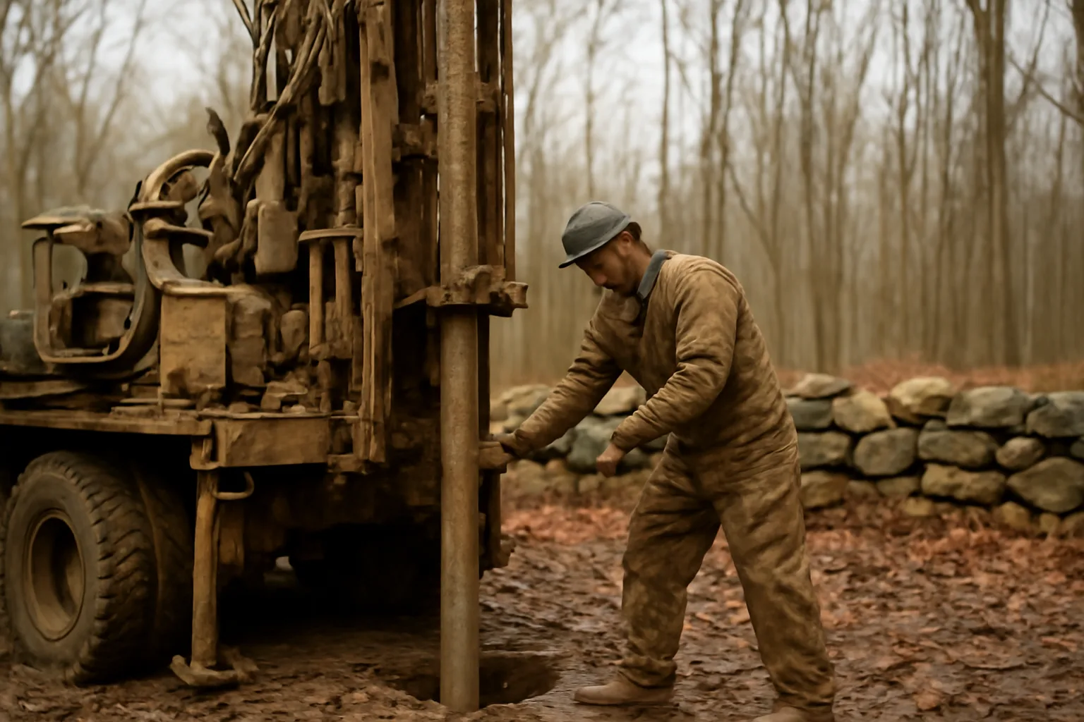 Muddy rotary rig drilling a water well in rural Connecticut woods