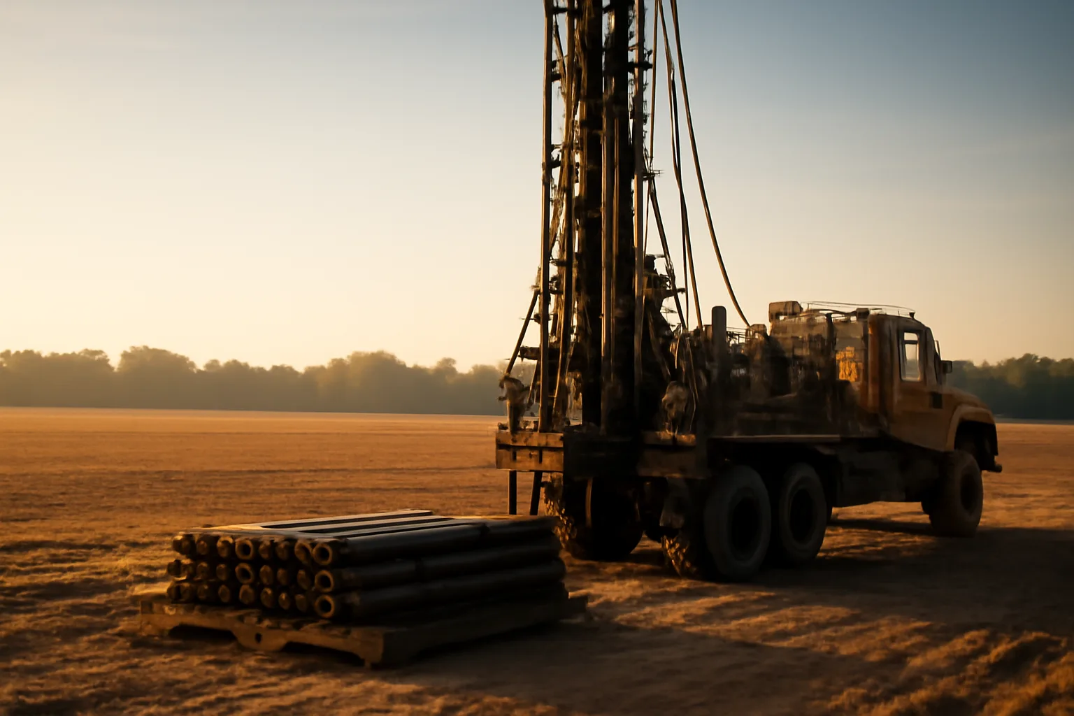 Water well drill rig in a sandy Delaware field at morning