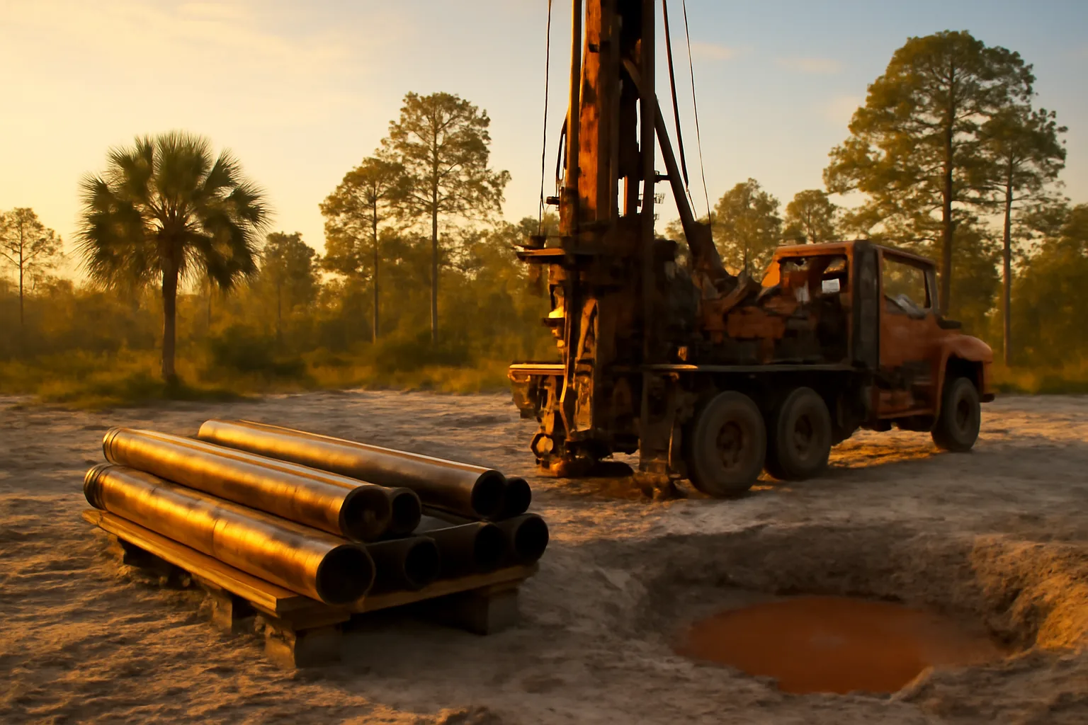 Rotary rig and casing on a sandy Florida well site at sunrise