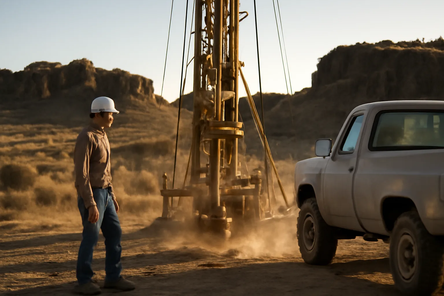 Helper beside a rotary drill mast on an Idaho basalt well site