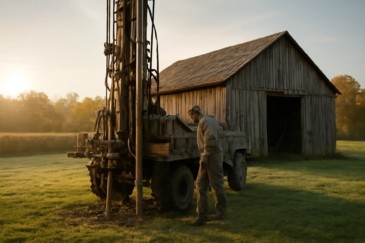 Rotary drill rig on a rural Illinois farm for a water well