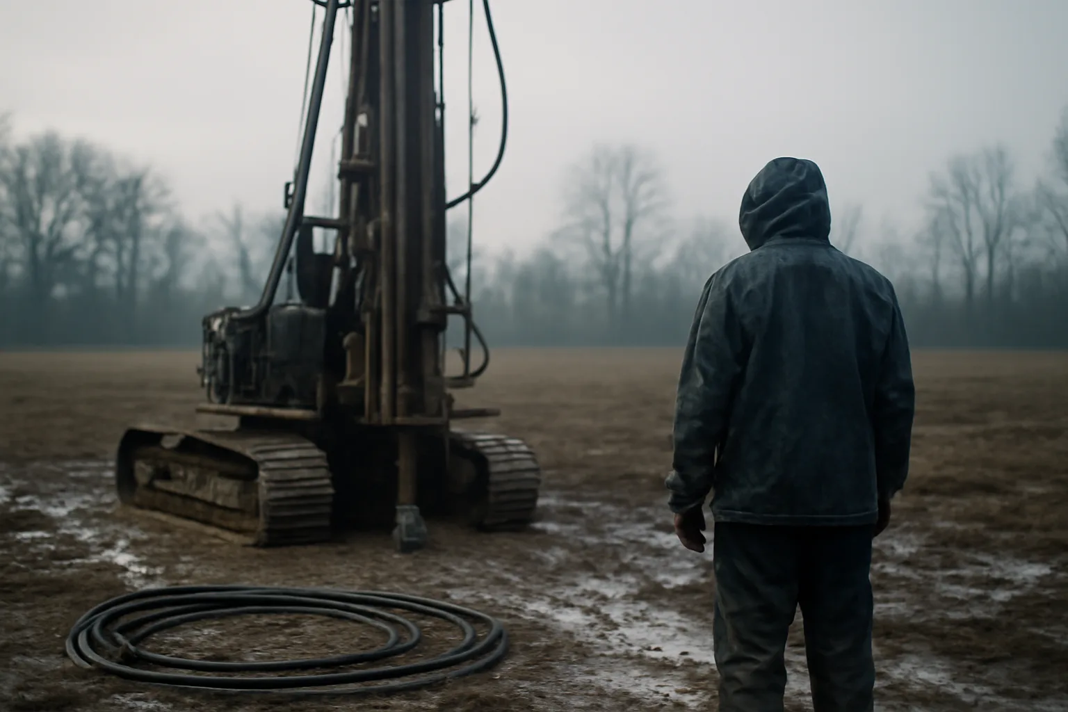 Rotary well rig drilling a water well on an Indiana farm