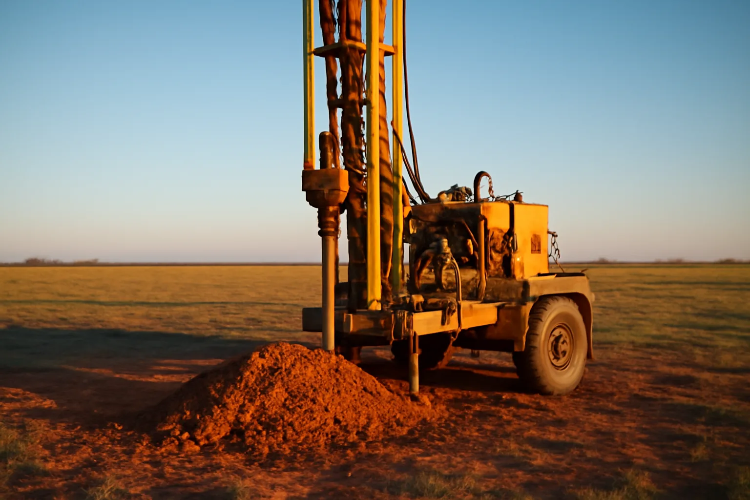 Water well drill rig operating on flat Texas ranch land at golden hour