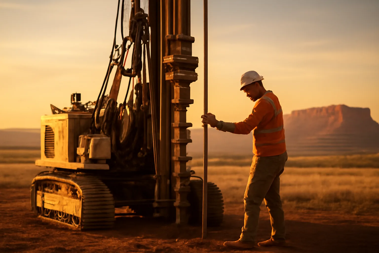 Rotary well drill rig operating on a Utah rural landscape at sunset