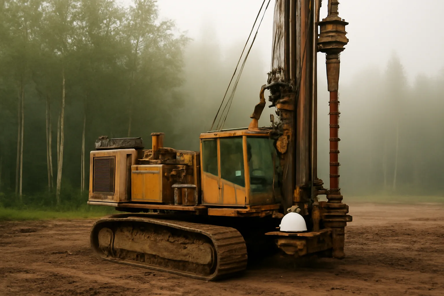Water well drilling rig in a cleared Alaskan lot with birch trees and morning fog