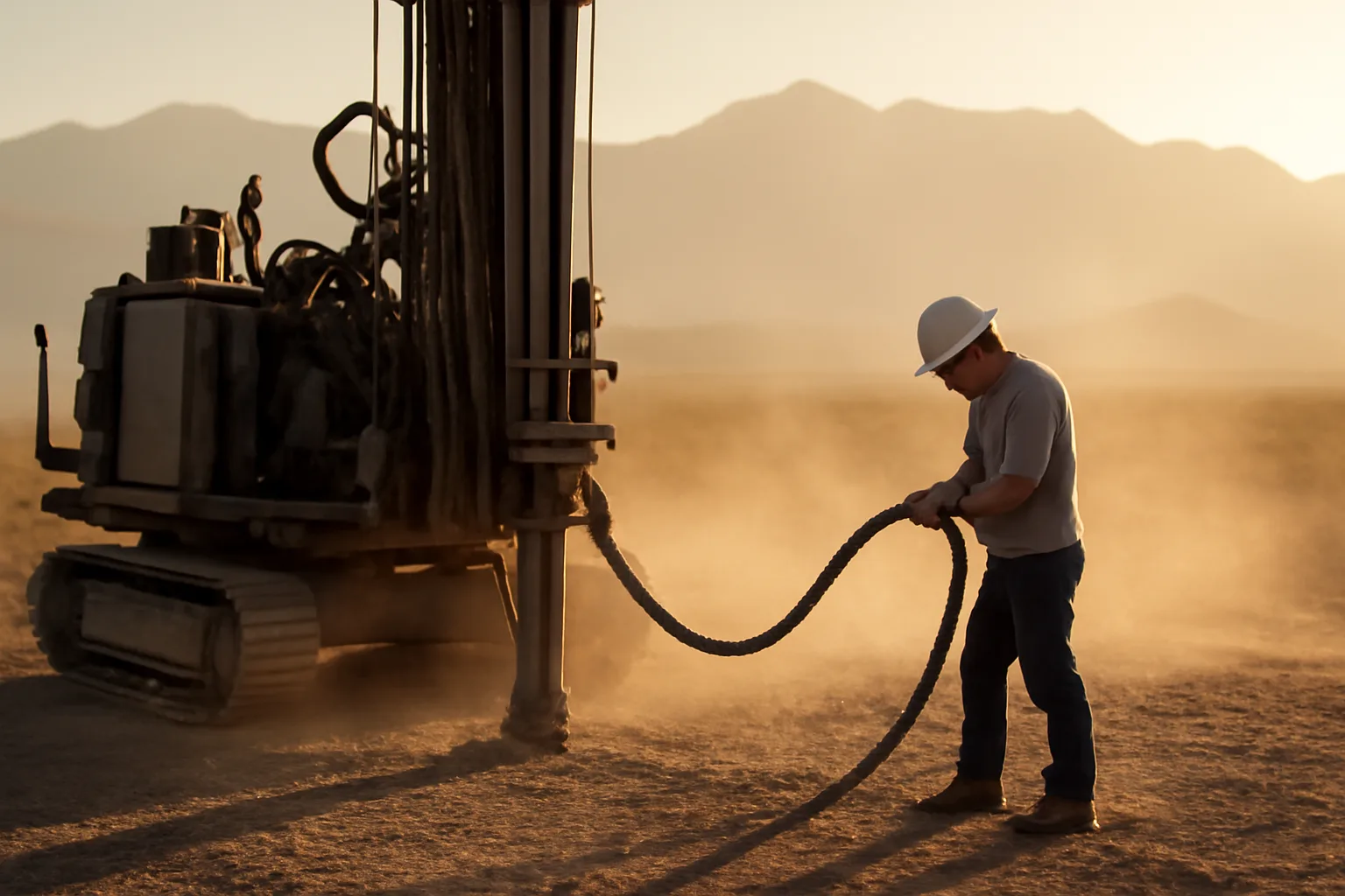 Well driller checking a rotary rig on Arizona desert ground