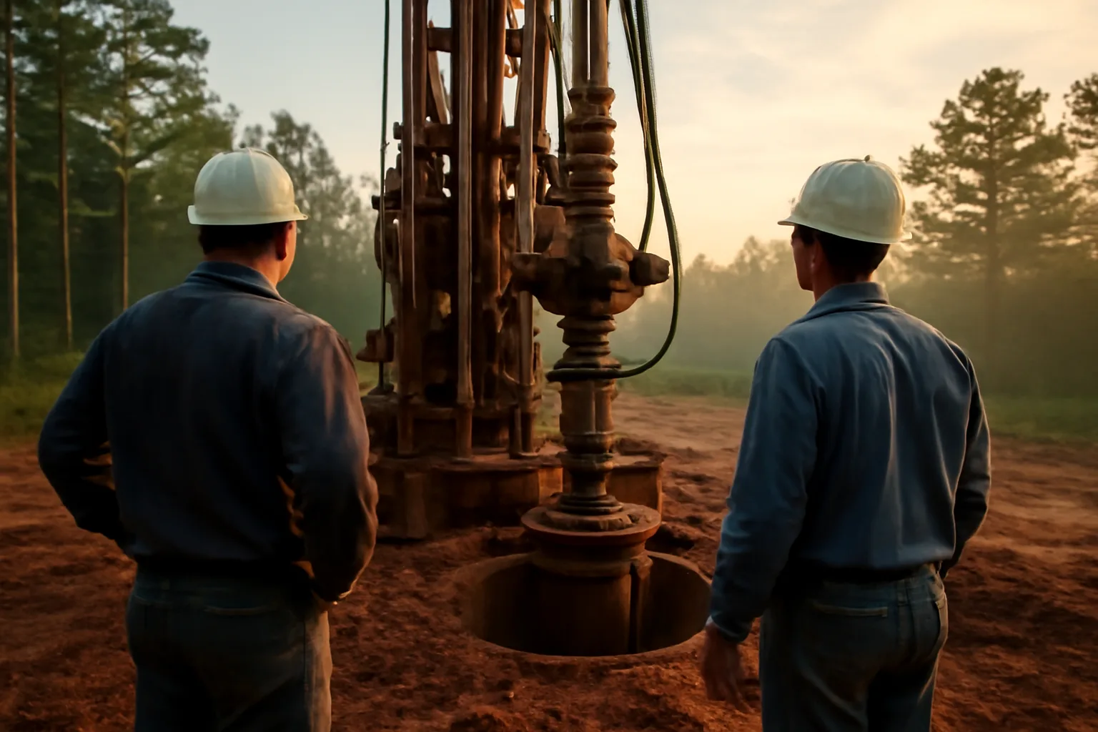 Well driller crew working a rotary rig in rural Arkansas