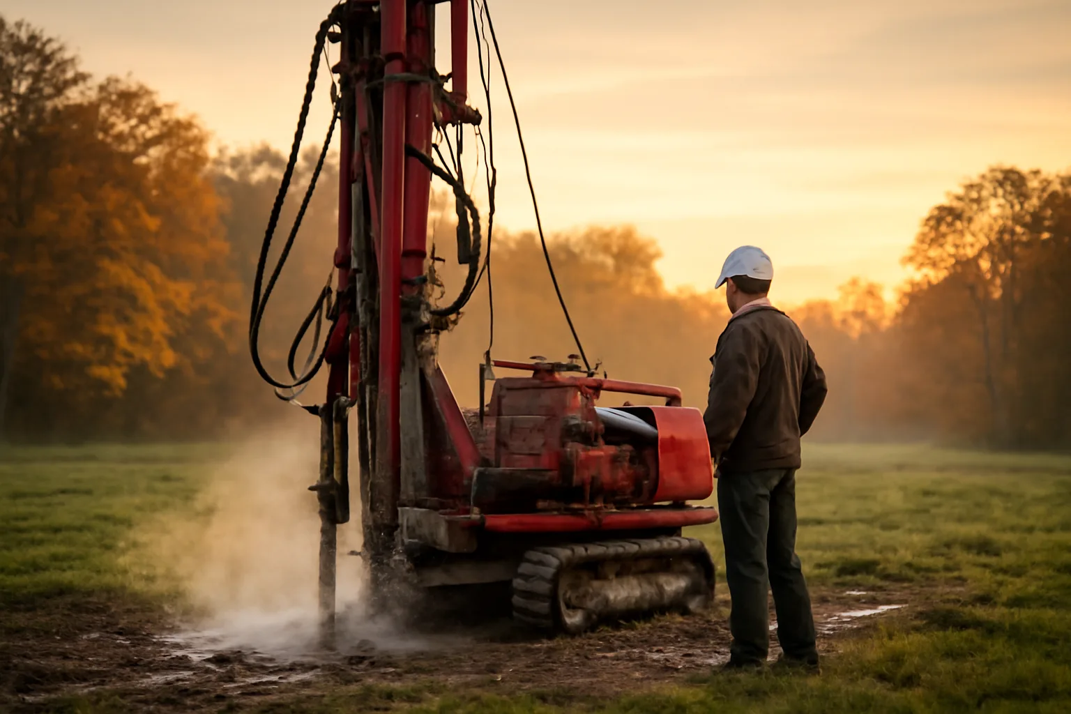 Rotary rig drilling a residential well in rural Connecticut hills