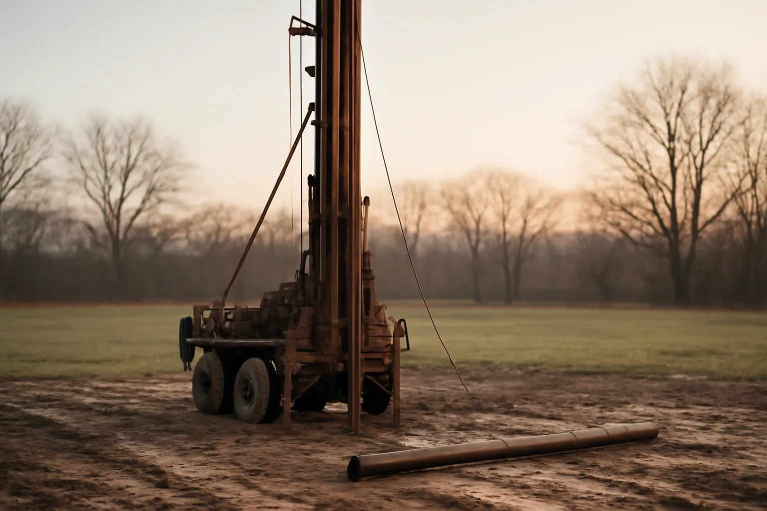 Unbranded drill rig on a muddy Delaware Coastal Plain well site