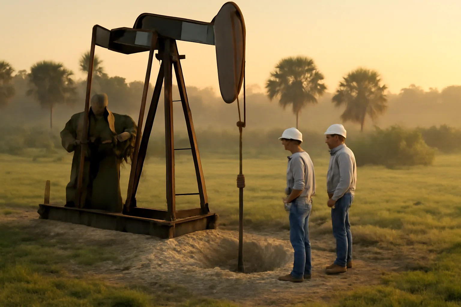 Drillers and a rotary rig on a Florida pasture well site
