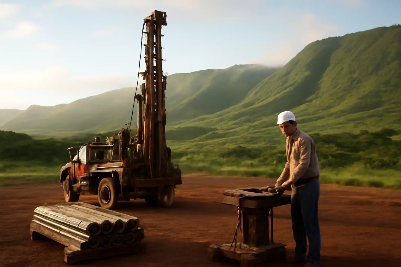 Maui drill rig and casing at a Hawaii well driller job