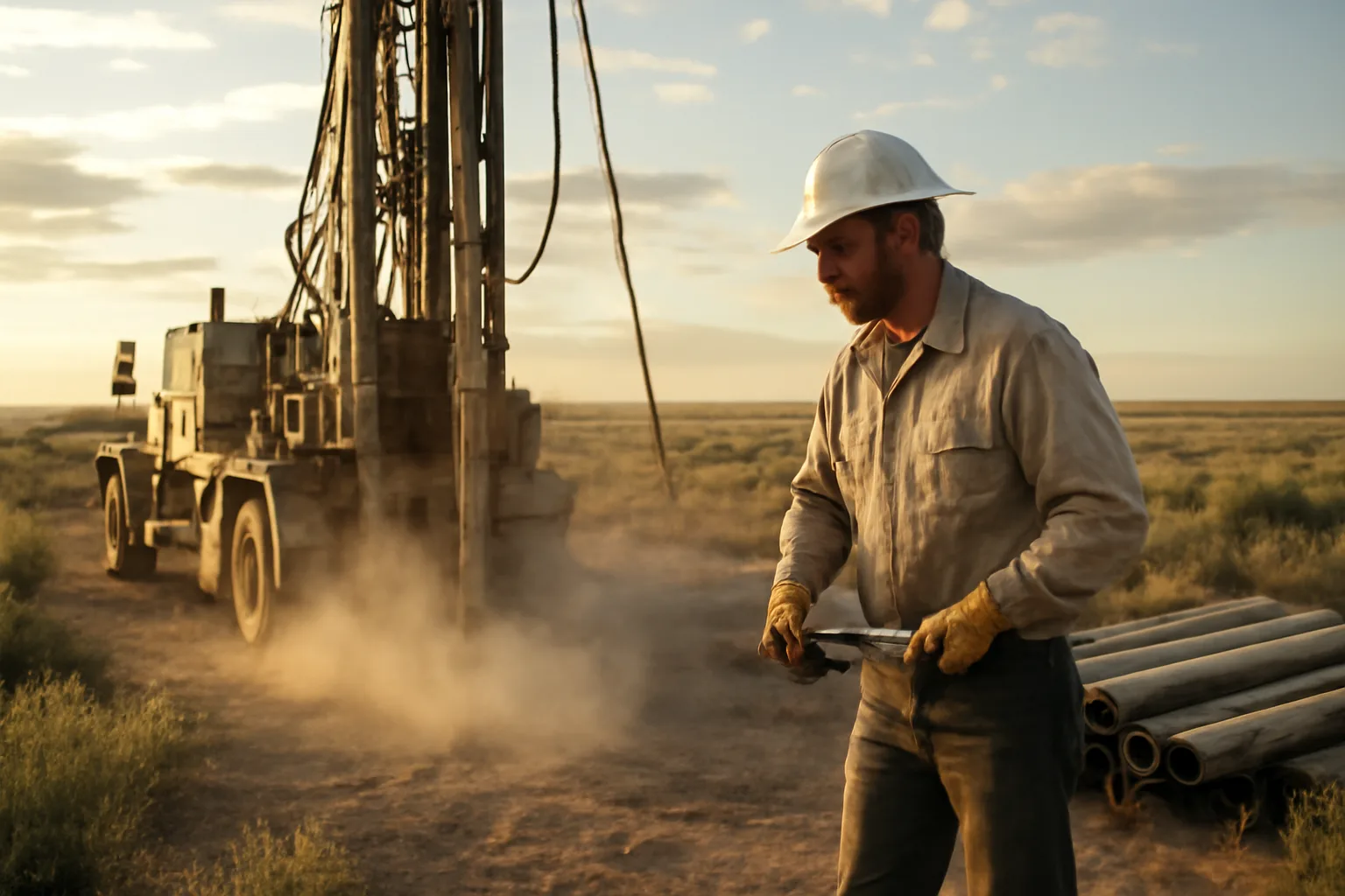 Rotary drill rig on basalt dust during an Idaho well job