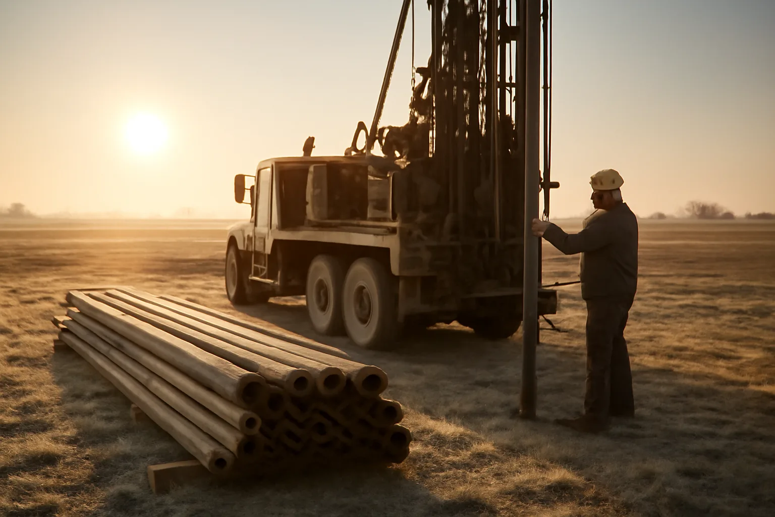 Water well rig and casing at a rural Illinois drill site
