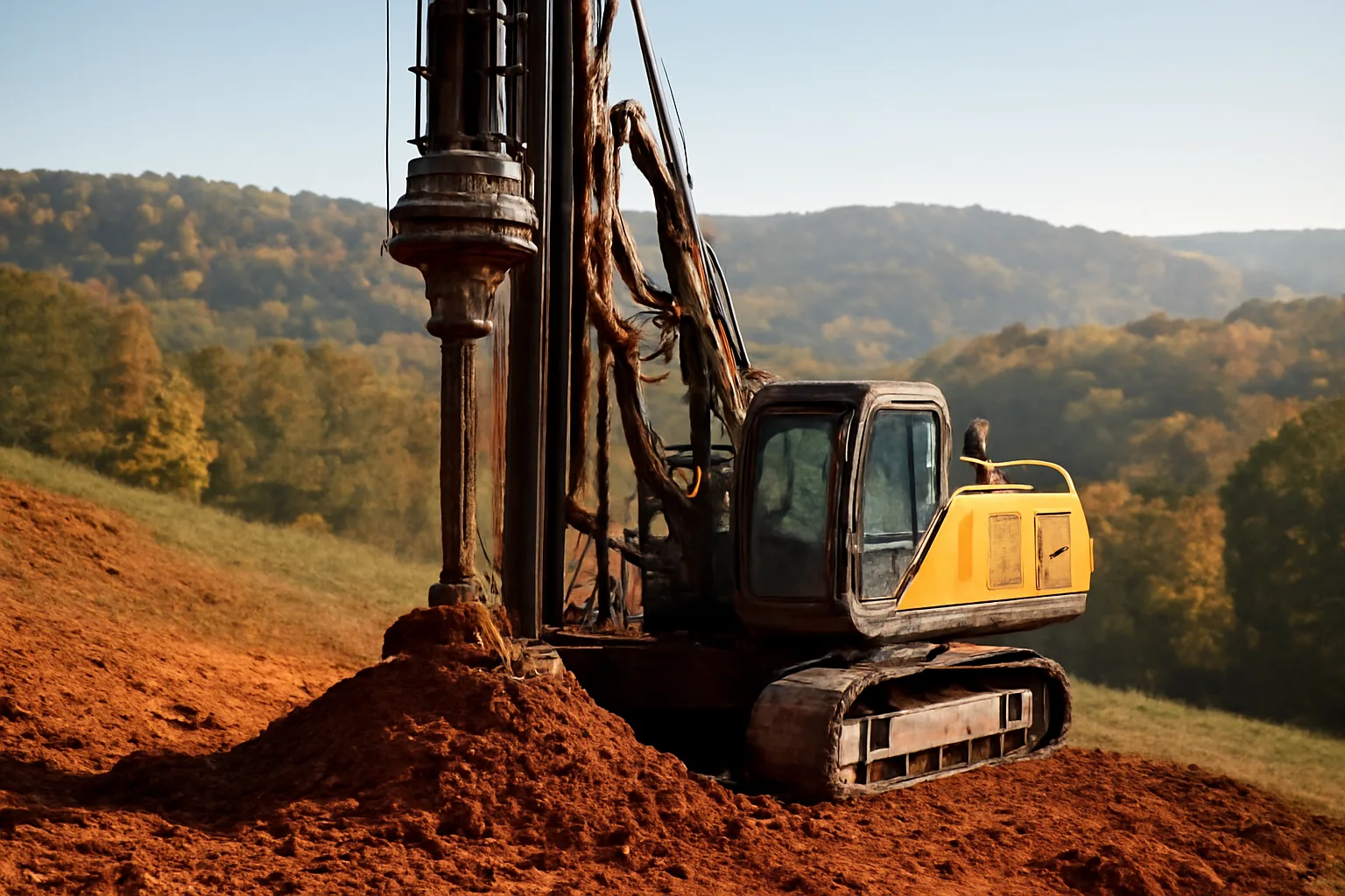 Rotary drill rig working a water well site on a Tennessee hillside in autumn