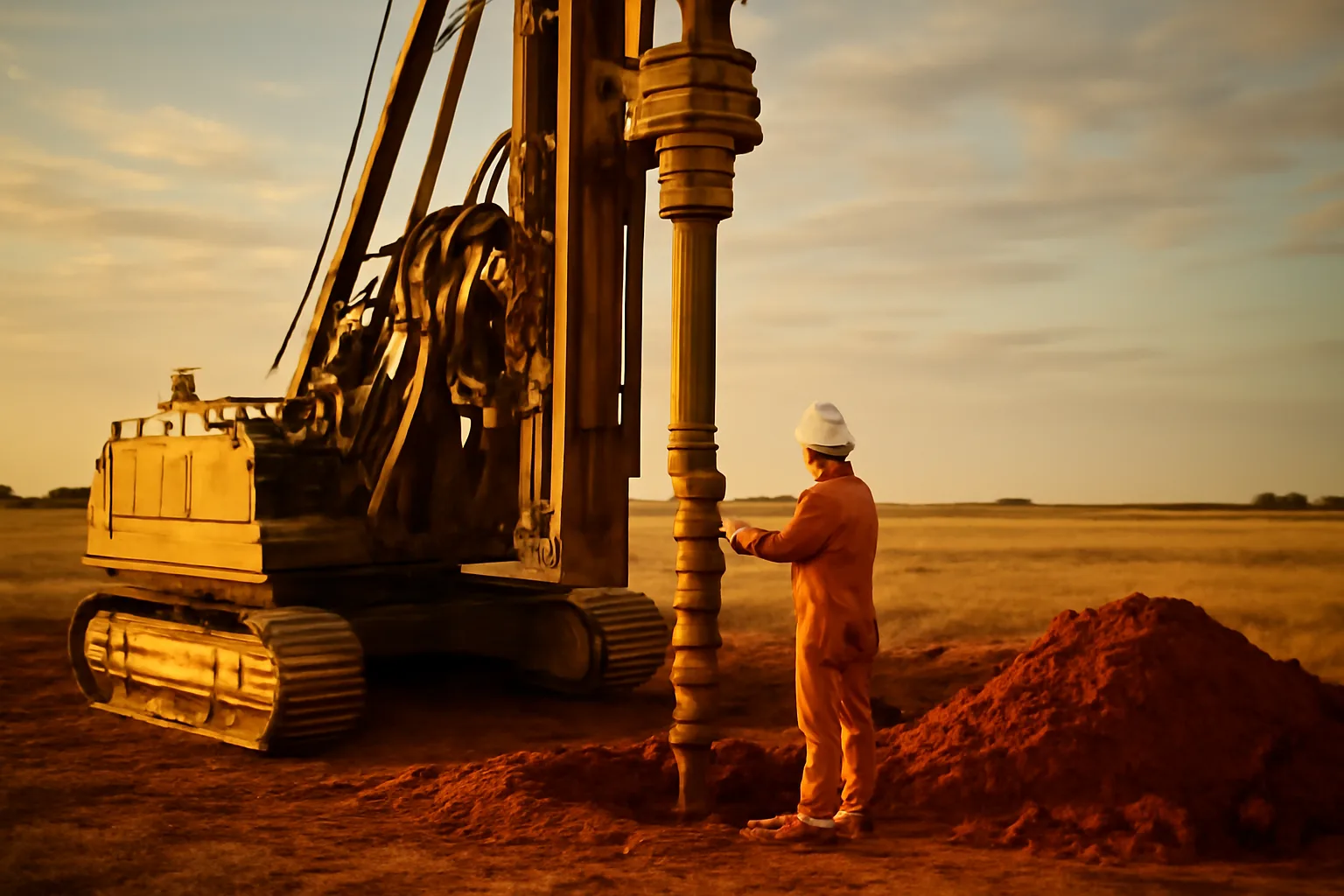 Rotary drill rig operating on a Texas ranch at golden hour near a borehole