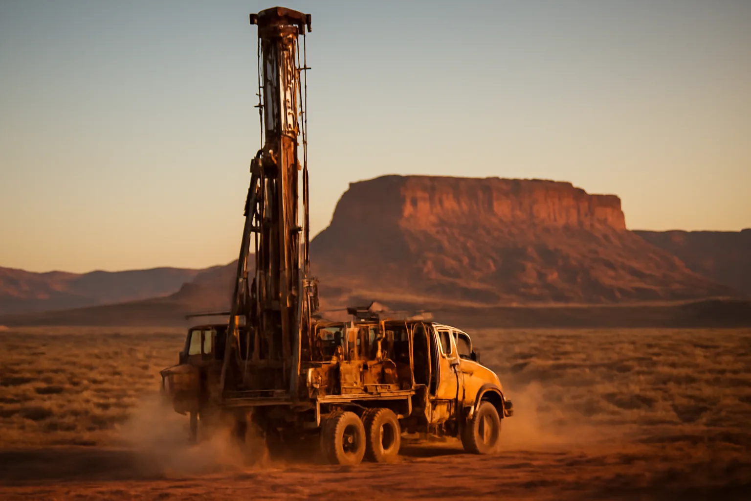 Drill rig boring a water well in a dry Utah valley at golden hour