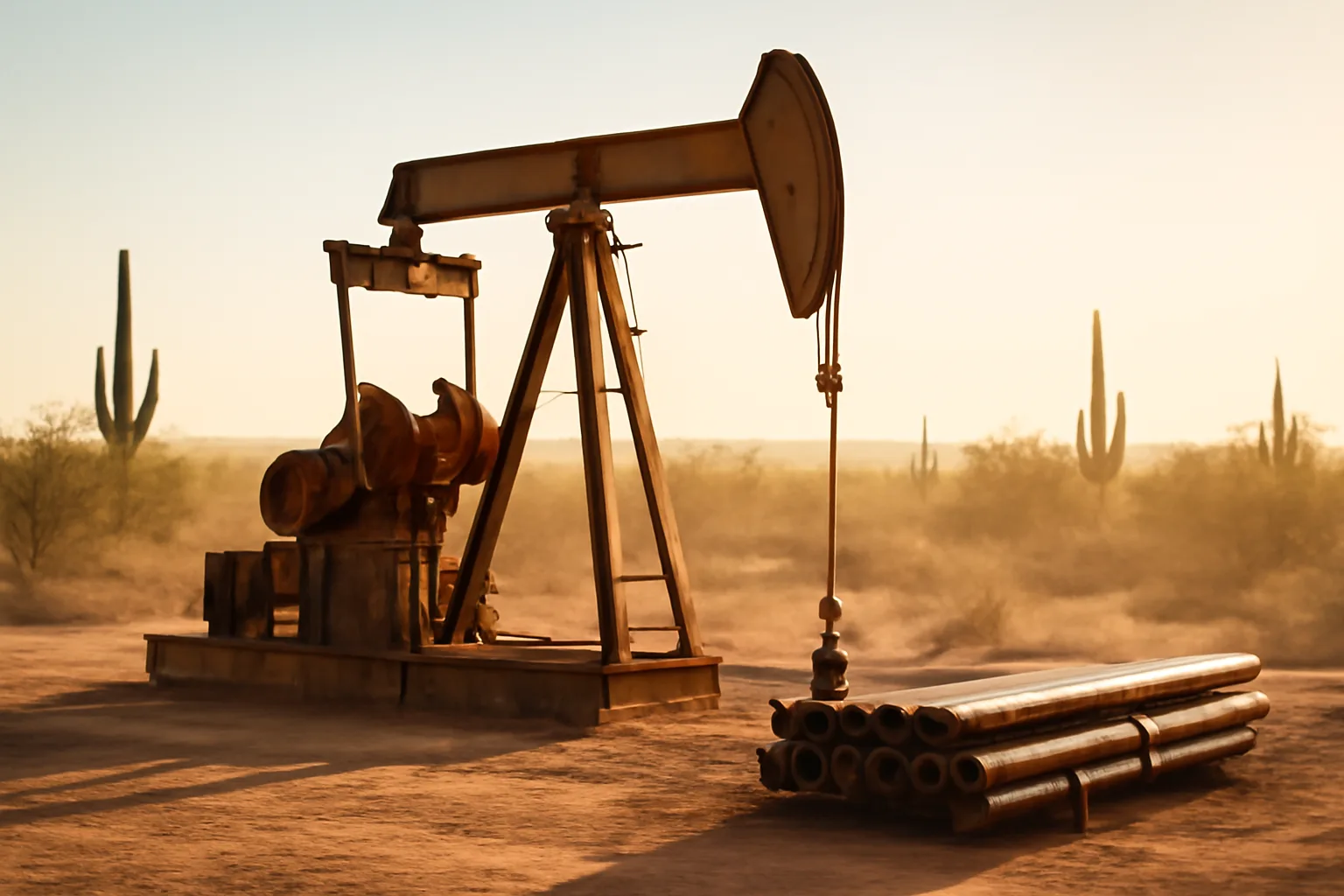 Arizona well drill rig on desert soil near saguaros