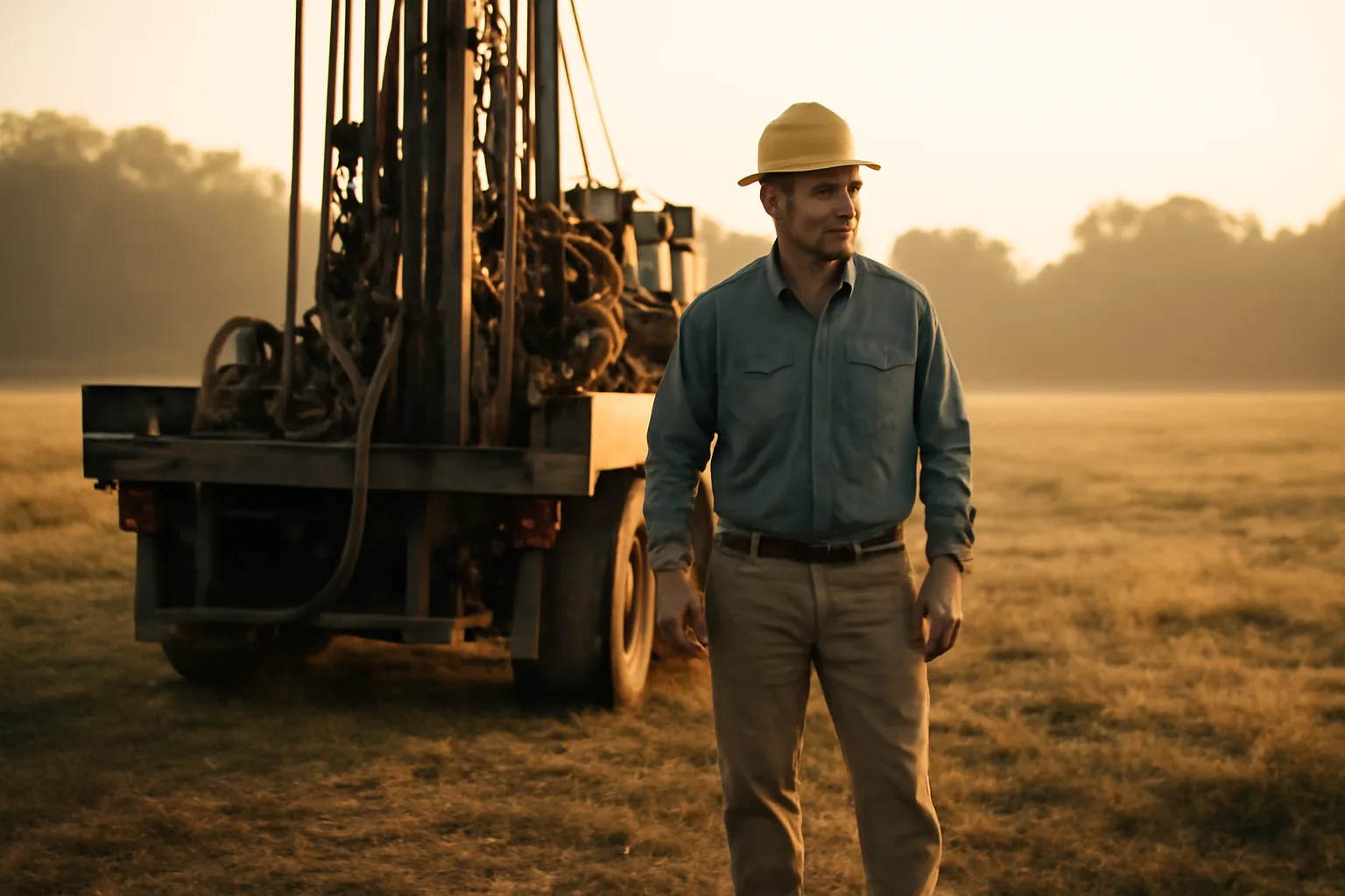 Well driller by drilling rig in Alabama field