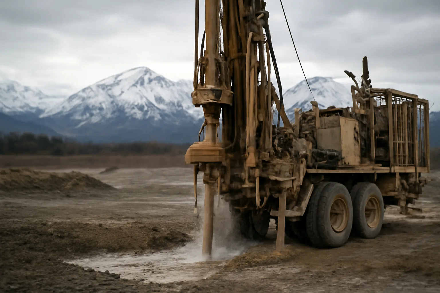Drilling rig operating in Alaskan terrain for water well construction
