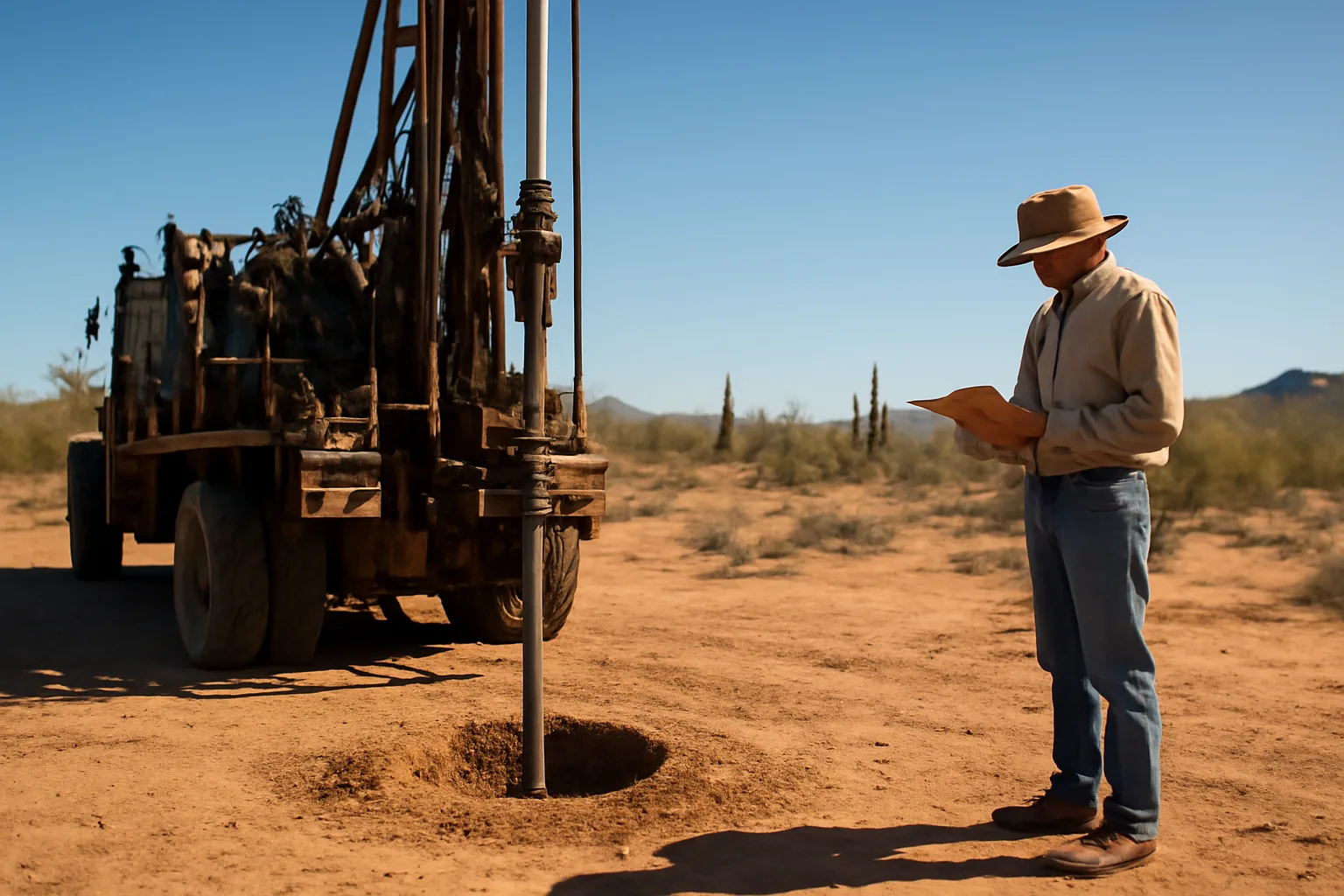 Water well drilling rig and geologist at a borehole in the Arizona desert under bright sun