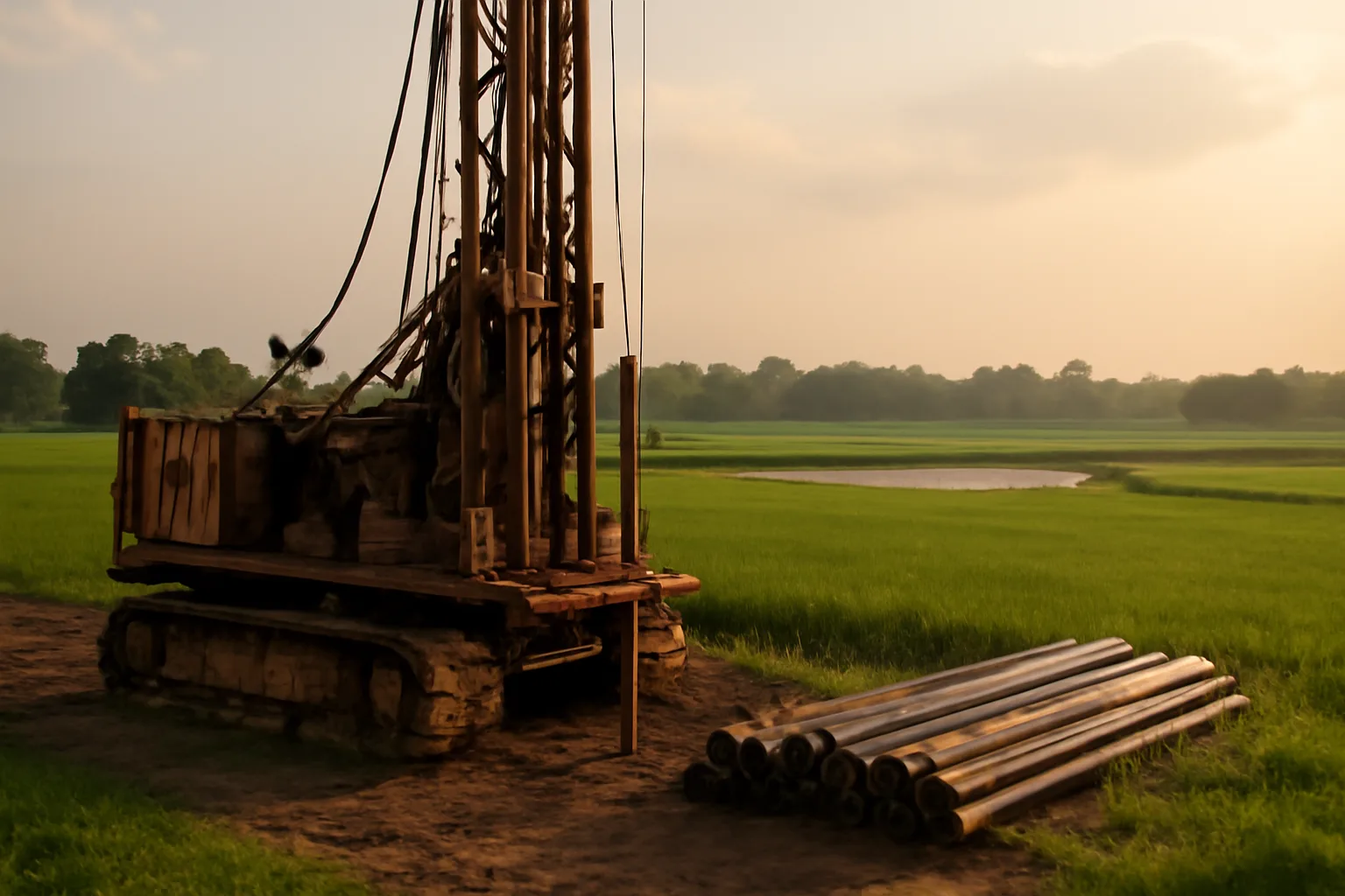 Muddy rotary rig drilling an Arkansas rice-farm water well at sunset