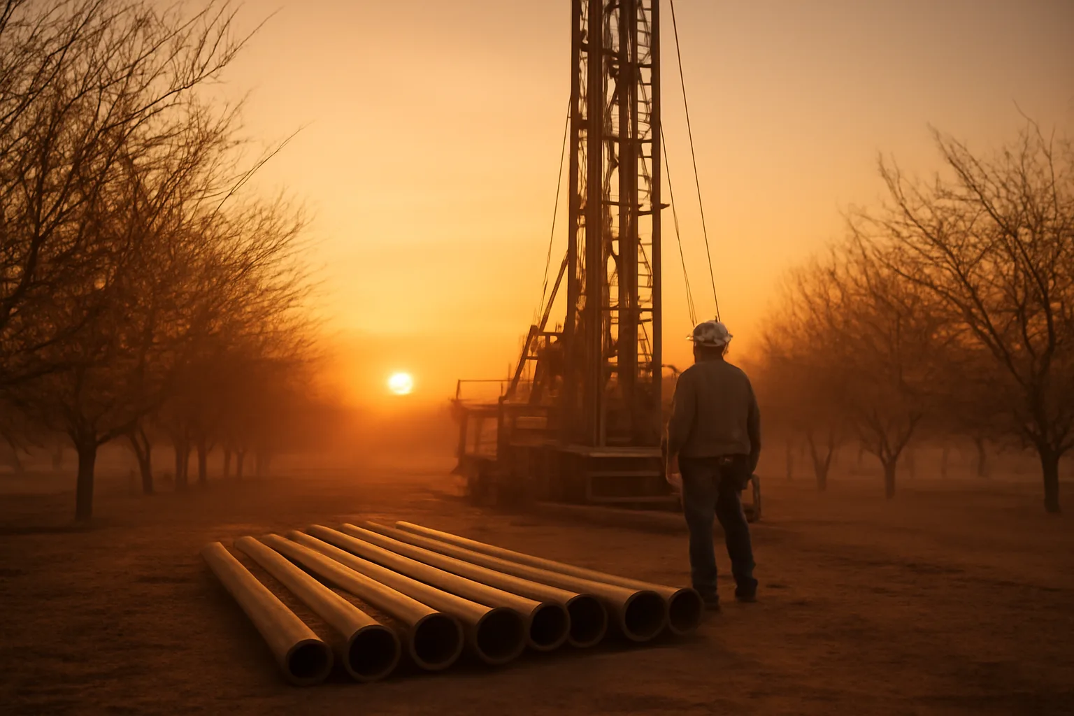California well drilling rig at sunrise beside stacked steel casing
