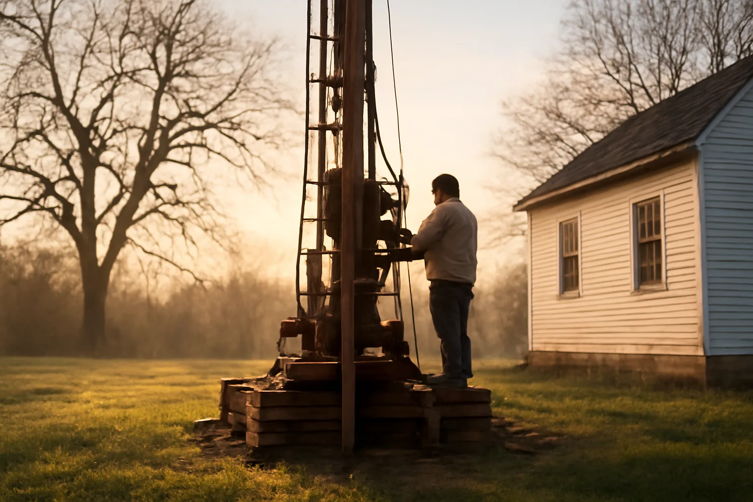 Rotary rig drilling a private water well in rural Connecticut