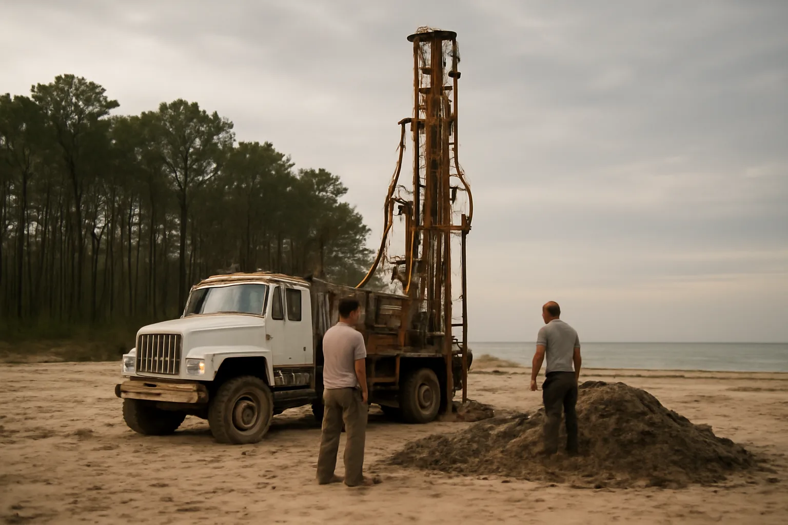 Rotary drill rig on a sandy Delaware lot beside pines