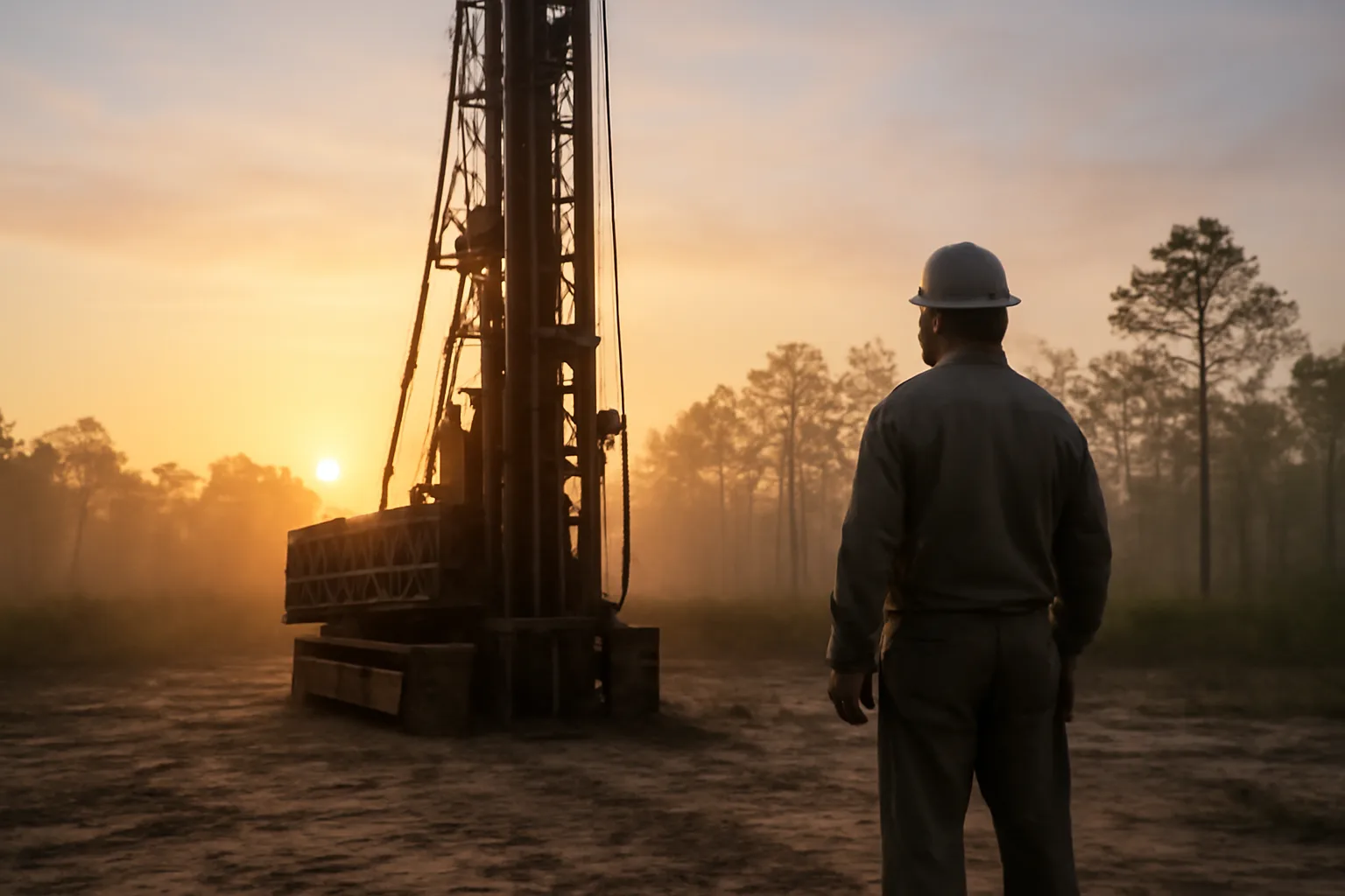 Driller running a water well rig in a Florida pine lot