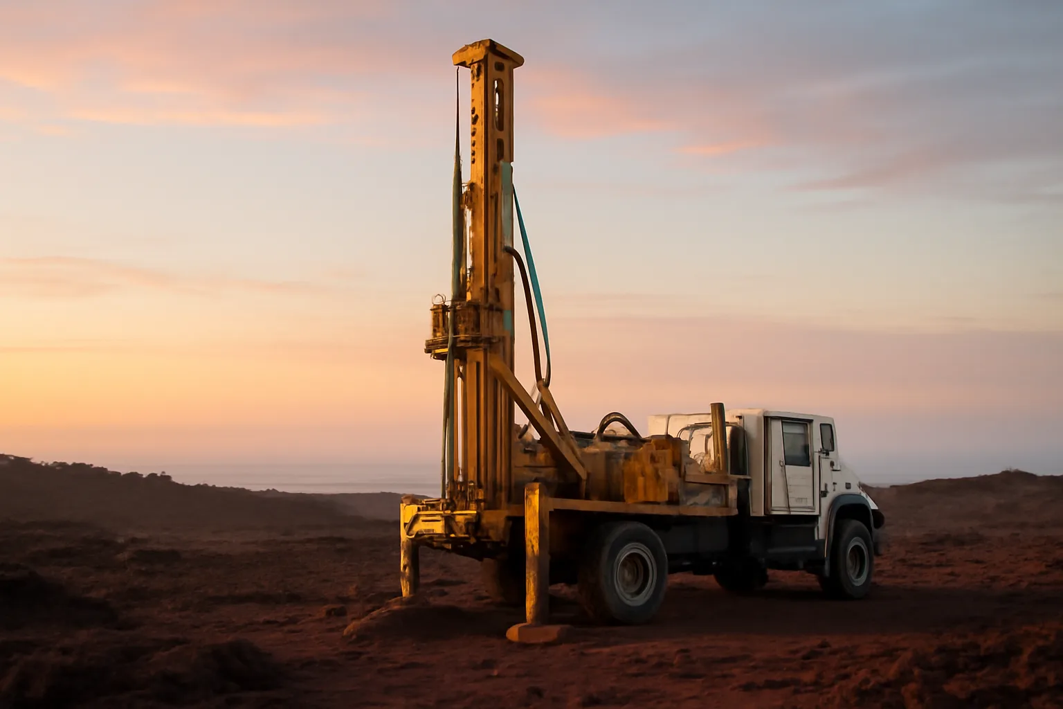Well driller rig mast on Hawaiian lava field at sunrise