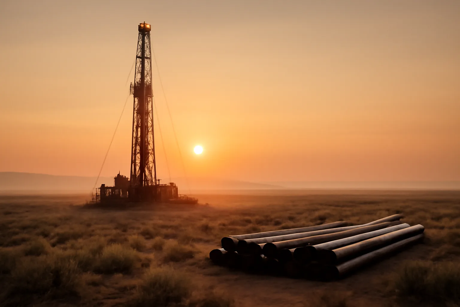 Rotary drilling mast on sagebrush ground in southern Idaho at sunrise