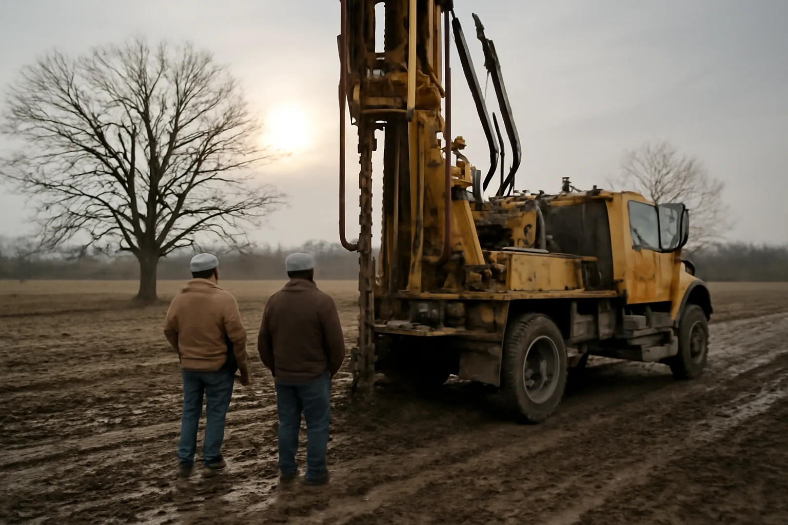 Rotary drilling rig on a muddy Illinois farm field at dawn