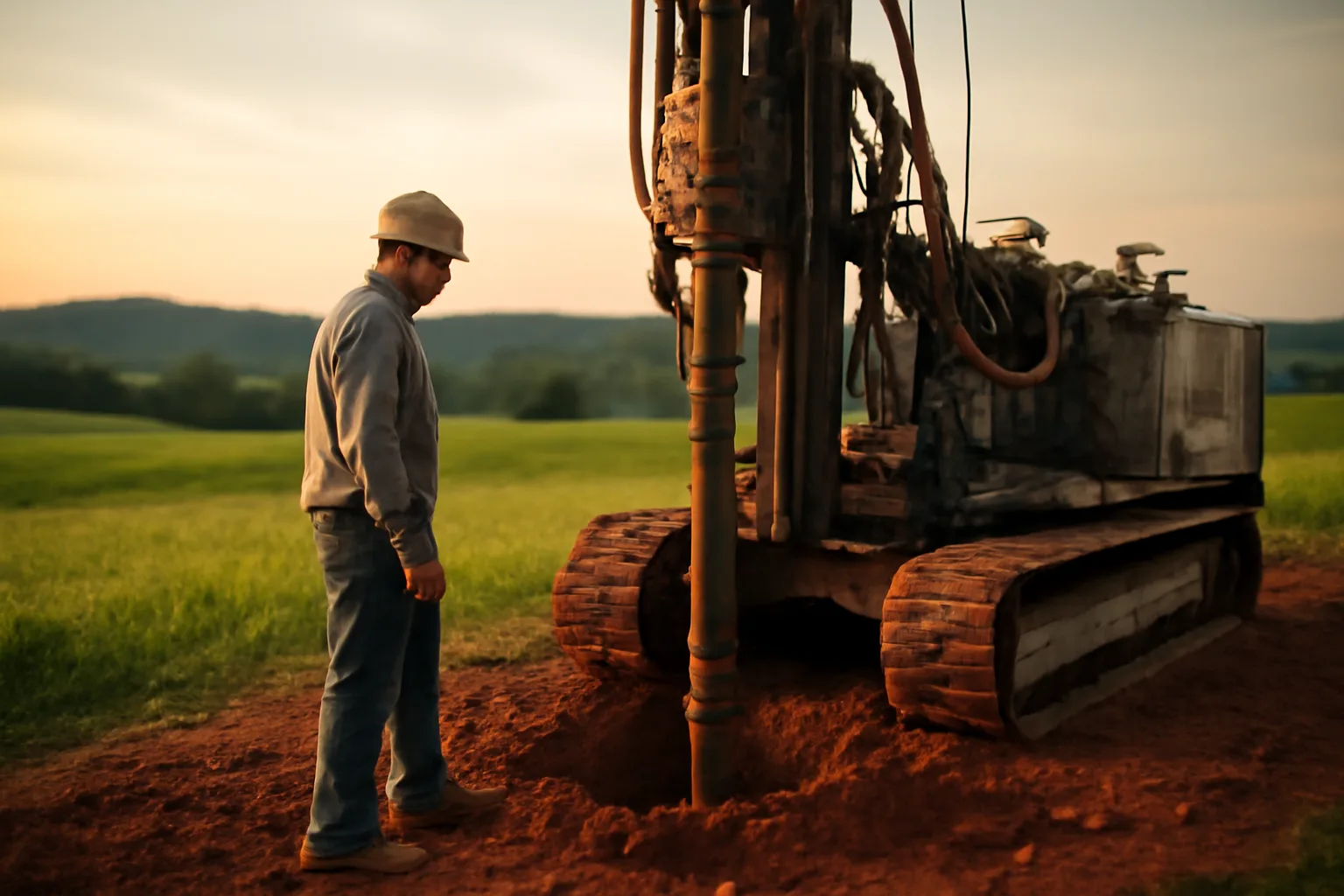 Rotary drilling rig boring a water well in a Tennessee rural field at golden hour