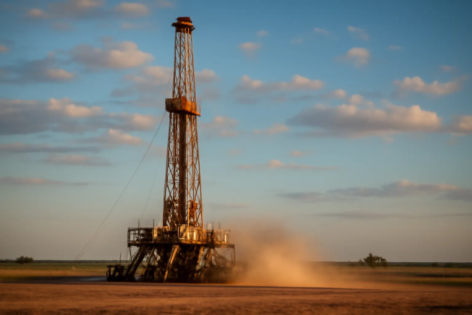 Water well drilling rig operating on a Texas ranch at golden hour