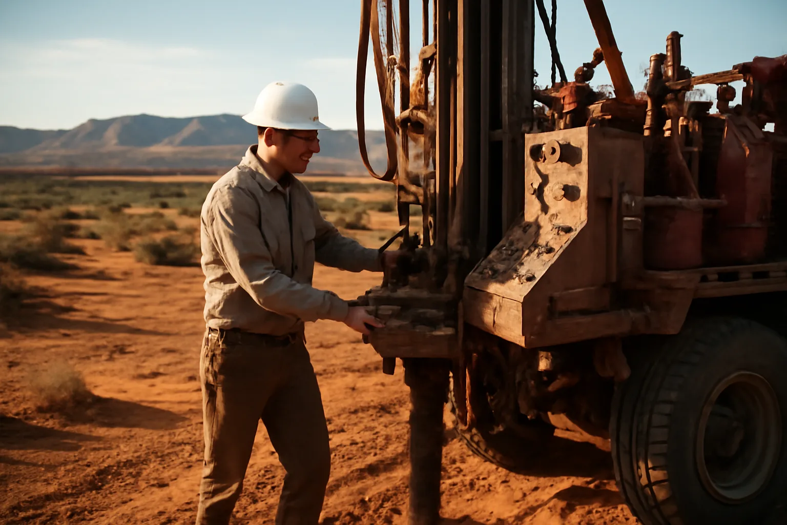 Well driller in hard hat inspecting drilling rig on Utah desert worksite