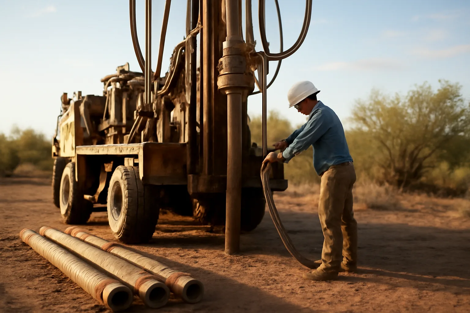 Well driller at a rotary rig on an Arizona desert pad