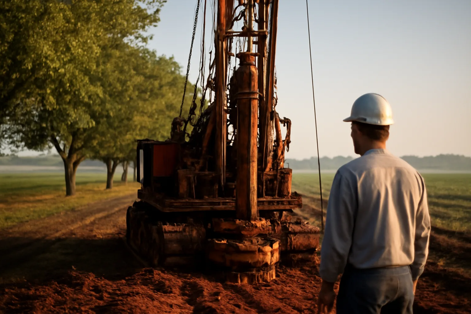 Arkansas well driller rotary rig on a Delta farm at sunrise